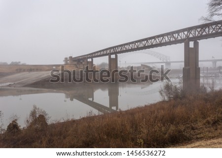 Brown foliage in front of long bridge over Mississippi river on day with heavy fog