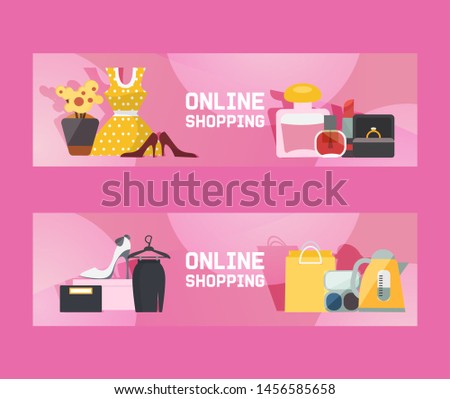 Online shopping for ladies vector illustration. Big sale. Electronics, fragrances, jewelry and womens cloths. Making online shopping banner on pink background.