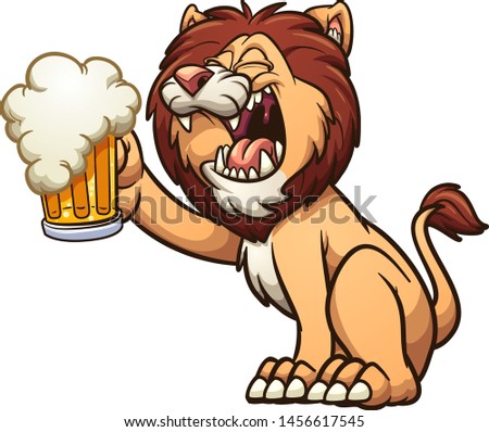 Happy cartoon lion holding up a beer clip art. Vector illustration with simple gradients. Lion and beer separate layers. 

