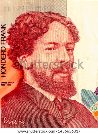 Effigy of Belgian painter and printmaker James Ensor (1860 - 1949). Portrait from Belgium 100 Francs 1995-2001 Banknotes. 