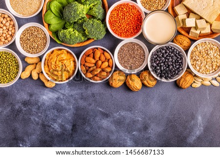 Healthy diet vegan food, veggie protein sources. Top view.