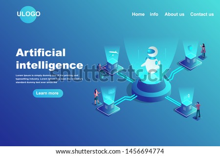 Artificial intelligence landing page concept. Isometric humans teamwork on futuristic laboratory with high technology robot. Business and financial strategy for successfully. Royalty-Free Stock Photo #1456694774