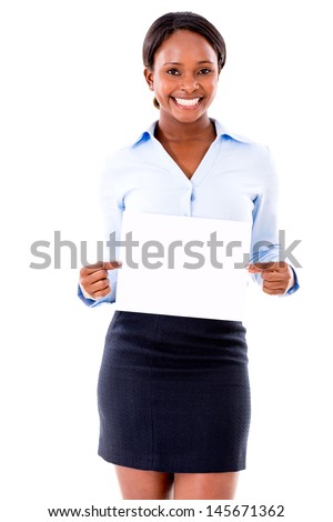 Business woman with a banner - isolated white background 