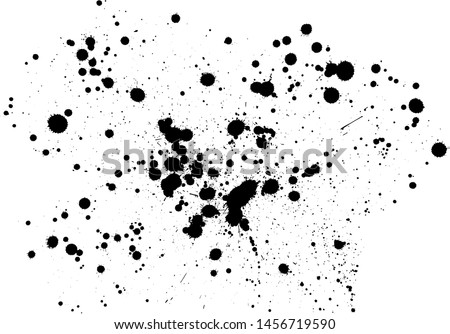 Close up many black paint or ink drop splat stains isolated on white background