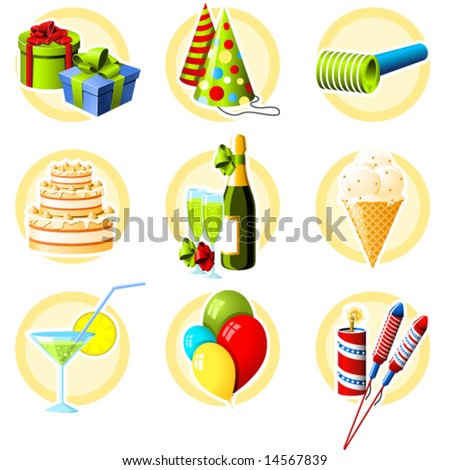 Birthday and celebration objects icon set