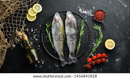 Raw fish trout on a plate. Top view. Free space for your text. Royalty-Free Stock Photo #1456841828