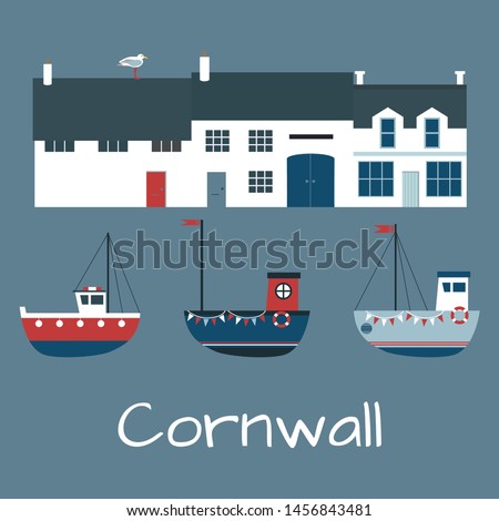 Card with Cornish symbols: Houses, boats, seagull. Vector illustration. 