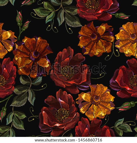 Embroidery red roses and yellow calendula flowers seamless pattern. Fashion colorful template for clothes, textiles, t-shirt design 