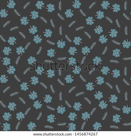 Seamless vector pattern 10 eps. Decorative floral template. Black background with blue flowers. Pattern for fabric, textile, cover, design, wrapping. Spring summer field of flowers wallpaper.