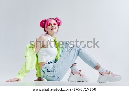 woman with pink hair studio retro style