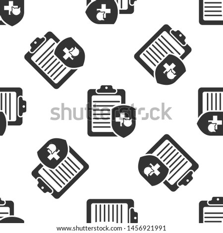 Grey Clipboard with medical clinical record pet icon isolated seamless pattern on white background. Health insurance form. Medical check marks report