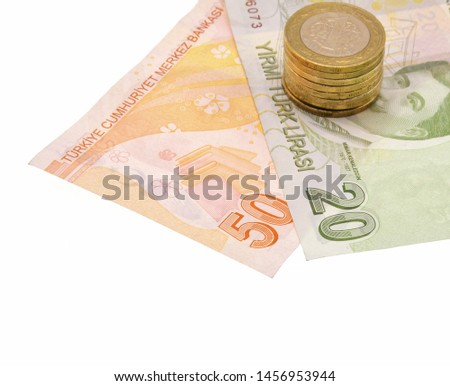 Turkish banknotes and coins isolated on white background
