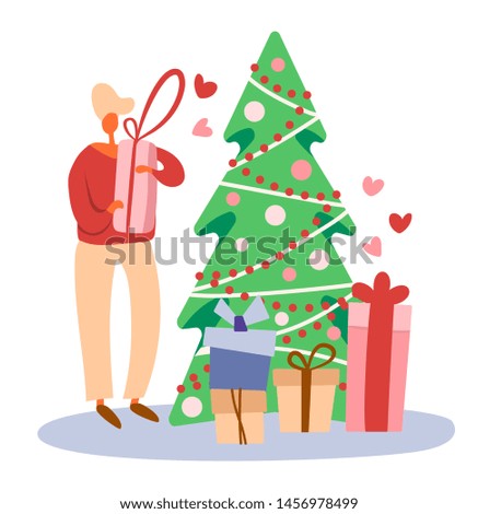 Flat cartoon man with gift box near decorated Christmas tree preparing presents for winter holidays. Isolated vector illustration.