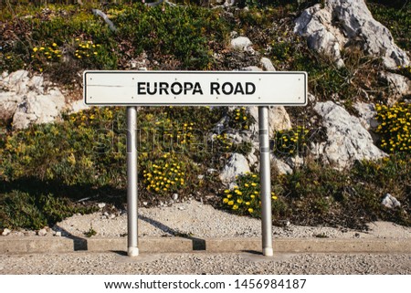Front view of EUROPA ROAD sign beside road in front of rocky surface covered in flowers and small plants