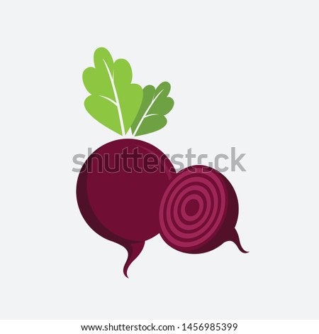 beet root, two full and half beet roots, red beet with green leaves vector illustration Royalty-Free Stock Photo #1456985399