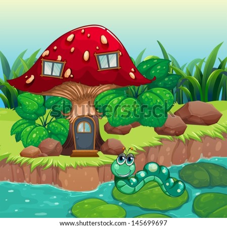 Illustration of a worm near the red mushroom house