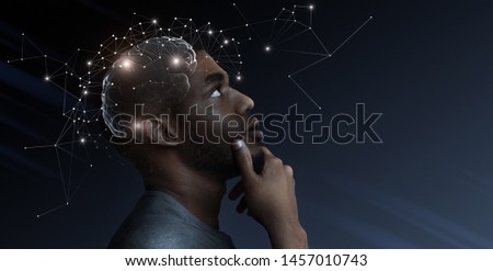 Creative process concept and problem solution. Ideas escape from brain of pensive african man, empty space Royalty-Free Stock Photo #1457010743