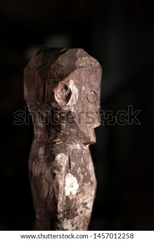 Configuration of traditional Dayak (native tribe of Borneo) wood sculpture/totem that used for religious activity in Pulau Kumala, Tenggarong, Indonesia