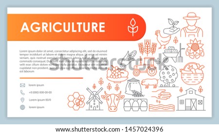 Farming web banner, business card vector template. Agricultural company contact page with phone, email linear icons. Rural economy, agronomy presentation, web page idea. Corporate print design layout Royalty-Free Stock Photo #1457024396