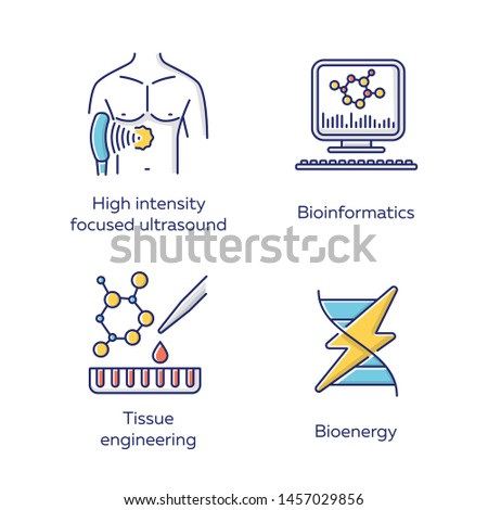 Biotechnology color icons set. Bioengineering. High intensity focused ultrasound, bioinformatics, tissue engineering, bioenergy. Technologies for studying and treatment. Isolated vector illustrations