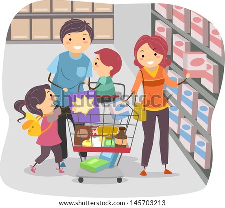 Illustration of Stickman Family Shopping in a Grocery Store