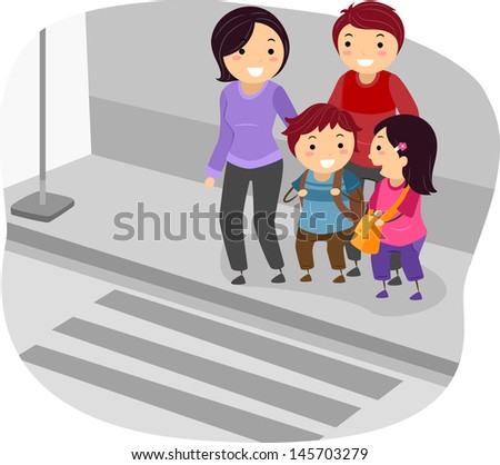 Illustration of Stickman Family Crossing a Street