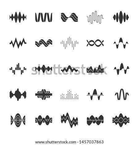Sound and audio waves glyph icons set. Silhouette symbols. Music digital curve soundwaves. Voice recording, radio signals, wavy lines. Vibration, noise amplitudes level. Vector isolated illustration