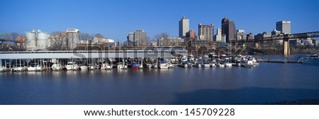 Memphis skyline from Mississippi River with marina in foreground in Tennessee, USA
