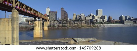 Memphis skyline from underneath of a bridge over the Mississippi River