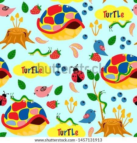 seamless pattern with colorful turtles and caterpillars - vector illustration, eps