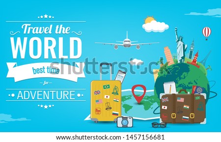 Travel composition with famous world landmarks. Travel and Tourism concept. Vector illustration Royalty-Free Stock Photo #1457156681
