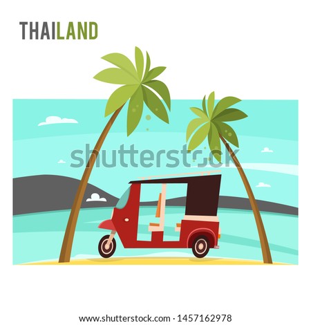 Thai taxi Tuk tuk travels along the coast of Thailand. Vector flat illustration.