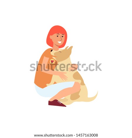 Volunteer taking care of homeless dog, cheerful young woman hugging a happy animal from shelter, flat hand drawn cartoon characters isolated on white background.