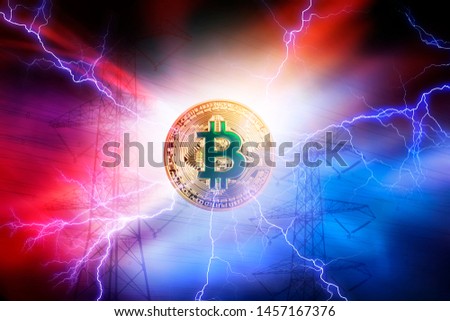 High electricity consumption of Bitcoin. High-voltage line. Royalty-Free Stock Photo #1457167376