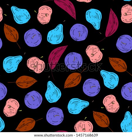 pears and apples seamless pattern. Vector drawing sketch .Summer fruit background. abstract hand drawn vegetarian food.for tea,print,textiles, packaging, wrapper, fabric, wallpaper