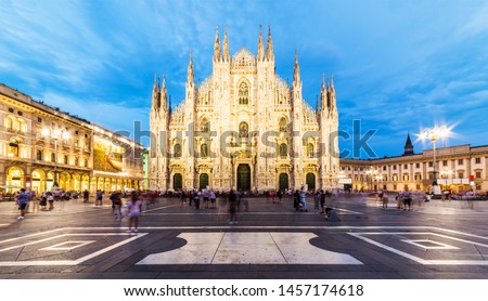 Piazza del Duomo or Duomo Square. Duomo di Milano Cathedral and Galleria Vittorio Emanuele II of panoramic view in Duomo Square. Milano, Italy. 
