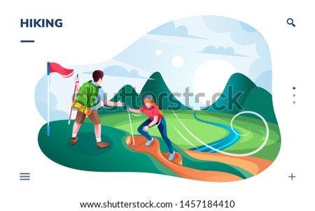 Tourist hiking at hill or mountaineers climbing at mountain top with flag. Smartphone isometric screen for outdoor activity or walking, trekking, climbing, sport travel, application. Nature activity
