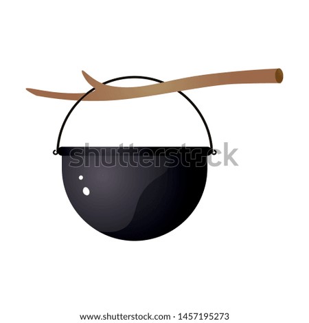Camping metal cauldron on wood branch for food cooking