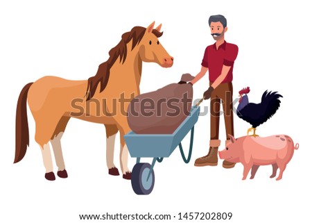 farm, animals and farmer man with moustache pushing a wheelbarrow with sack. horse, pig and rooster vector illustration graphic design