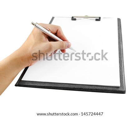 hand with pen writing on clipboard on white background (with clipping path)