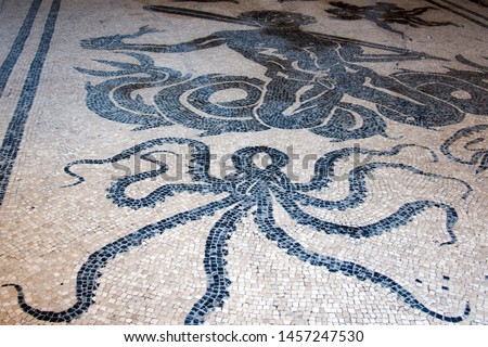 Mosaic with the image of the octopus and the god Neptune on the floor of the ruins of the baths in the ancient Roman city of Herculaneum (destroyed in 79 BC), Italy.