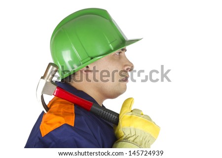 Picture of a worker with a hammer over his shoulder on a white background.