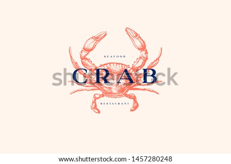 Logo template with an image of a crab drawn by graphic lines on a light background. Retro emblem for the menu of fish restaurants, markets and shops. Vector vintage engraving illustration. Royalty-Free Stock Photo #1457280248
