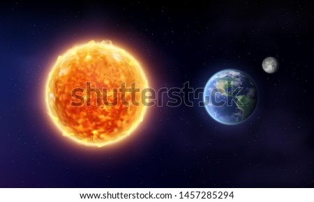 Vector sun star and planet earth with moon in space. Cosmic background. Realistic 3d vector illustration