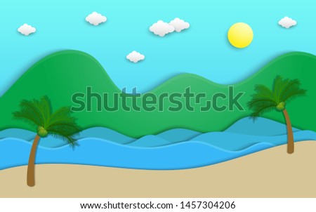Beach scenery in paper cut style design with mountain, coconut tree, cloud and sea illustration, summer theme in paper cut style design vector illustration