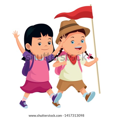 Two kids with camping backpacks and flag ready to summer camp. vector illustration.
