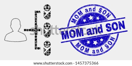 Dot newborn parent links mosaic icon and Mom and Son stamp. Blue vector round distress seal with Mom and Son phrase. Vector collage in flat style.