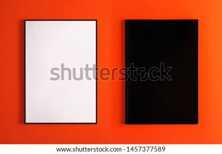 Black and white magazine template on the orange background. Booklet, brochure, pamphlet, leaflet design. Promotion of company, brand image, identity. Portfolio mock up
