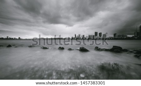 Long Exposure Shot of Perth Skyline from Swan River in monochrome