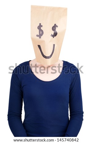 a person with a happy dollar sign paper bag on its head, isolated